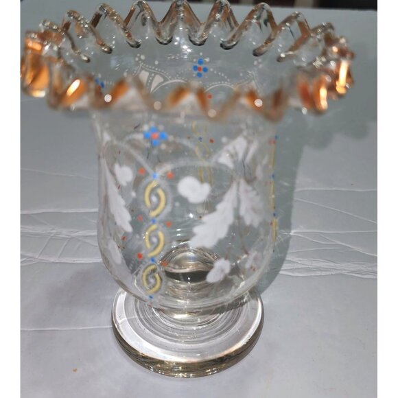 Vintage Hand-Painted Ruffled Edge Glass Vase With Gold Accents & Floral Design - Picture 6 of 13